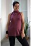 Dark Fuchsia Bordomsu Front-Collar Gathered Slightly Draped Turtleneck Sleeveless T-Shirt Made of Combed Viscose - 5