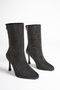 Women's Black Suede Platinum Stone Pointed Toe Back Zipper Boots 9cm Heel - 4