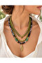 Women's Green Multi-Row Bead Necklace with Gold Leaf End and Stone Detailed Design - 8