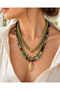 Women's Green Multi-Row Bead Necklace with Gold Leaf End and Stone Detailed Design