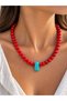 Natural Stone Look Necklace Red Beaded Turquoise Stone Detailed Handmade Necklace