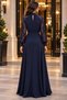 Women's Turtleneck Long Sleeve Drop Detailed Belted Slit Maxi Evening Dress - 5