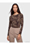 Two Mt Shop Quality Lcw Everyday Brown Combed Cotton Leopard Oval Neck Long Sleeve Women's Blouse