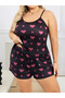 Plus Size Black Patterned Thin Strap Cotton Shorts Pajama Set - 2