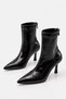 Klara Women's Black Shiny Pointed Toe Thin Stiletto Heeled Short Boots with Back Zipper 8 cm Heel