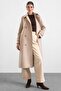 Punto Stitch Detailed Double Breasted Long Premium Fabric Coat Beige 3187 - 3
