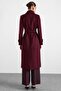Punto Stitch Detailed Double-Breasted Long Premium Fabric Coat Bordo 3187 - 7