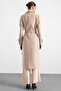 Punto Stitch Detailed Double Breasted Long Premium Fabric Coat Beige 3187 - 7