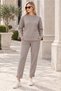 Women's Long Sleeve Round Neck Slit Lycra Stretch Woven Detailed Sweatshirt and Elastic Waist Pocket Woven Detailed Lycra Stretch Trousers Beige Two-Piece Set