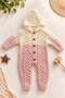 Hooded Baby Knitwear Jumpsuit with Color Transition Knitted Pattern and Wooden Buttons 3-6-9-12Months