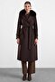 Premium Fabric Coat with Knit Stitching Detail and Detachable Fur Aci Brown 3196-Tk - 5