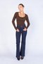 Women's Coffee Color Open Collar Long Sleeve Ribbed Bodysuit - 2