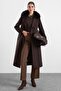 Premium Fabric Coat with Knit Stitching Detail and Detachable Fur Aci Brown 3196-Tk - 3