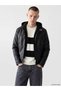Black Slim Fit Hooded Men's Leather Look Coat