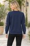Women's Long Sleeve Off Shoulder Round Neck Leaf Pattern Motif Soft Textured Lycra Flexible Comfortable Daily Navy Blue Sweater - 3