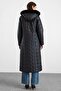 Zipper Closure Detachable Fur Hooded Long Quilted Coat Black 6916 - 8