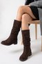 Women's Drawstring Model Long Boots Brown Suede - 3