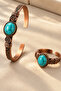 Women's Copper Bracelet Ring Set with Turquoise (Turquoise) Natural Stone Oval Engraved Women's Copper Set - 3