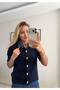 Denim Collared Navy Blue Knitwear Cardigan - 3