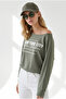 Women's Khaki Boat Neck New York Printed Flowy Blouse Blz-19003465 - 2