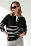 Women's Black Buttoned Striped Soft Textured Knitwear Sweater Kzk-19001180