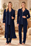 New Season Navy Blue Ribbed Long Sleeve Cotton Front Buttoned Maternity Pajama Set with 3 Pieces - 6