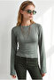 Women's Khaki Crew Neck Drape Detailed Spanish Sleeve Blouse Blz-19003468 - 3
