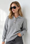Women's Gray Polo Collar Buttoned Soft Textured Knitwear Sweater Kzk-19001178 - 3