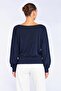 Women's Navy Blue Boat Neck Blouse with Ribbed Hem - 4