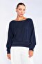 Women's Navy Blue Boat Neck Blouse with Ribbed Hem - 2