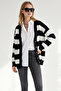 Women's Black Ecru Thick Striped Long Knitwear Cardigan Hrk-19000504 - 2
