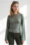 Women's Khaki Crew Neck Drape Detailed Spanish Sleeve Blouse Blz-19003468 - 4
