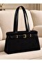Women's Black Plush Leather Shoulder Bag with Belt Detail