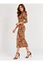 Women's Coffee Cream Patterned High Neck Long Midi Length Viscose Dress - 4