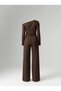 Women's Soft Textured Asymmetrical Shoulder Draped Blouse and Belted Wide Leg Pants Two-Piece Set-Brown - 6