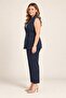 Velvet Detailed Waist Tie, Large Size Lined Vest, Navy Blue - 4