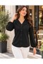 Timeless Elegance Women's V-Neck Button Front Shoulder Gathered Long Sleeve Crepe Blouse - 3