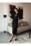 Women's Black Collared Midi Dress with Button Accessories, Cape and Slits