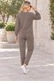 Women's Half-Zip Long Sleeve Soft Lycra Stretch Sweatshirt and Elastic Waist Lace-Up Pocketed Lycra Stretch Pants Two-Piece Set Stylish Casual Top and Bottom Set Brown - 3
