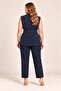 Velvet Detailed Waist Tie, Large Size Lined Vest, Navy Blue - 5