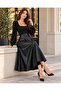 Women's Square Collar Long Sleeve Leather Detailed Flared Skirted Midi Viscose Dress - 2