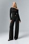 Women's Soft Textured Asymmetrical Shoulder Draped Blouse and Belted Wide Leg Pants Two-Piece Set-Black