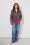 Zippered Polo Collar Striped Knit Sweater Brown