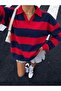 Polo Collar Striped Oversize Sweatshirt Jt9728