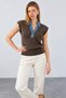 Women's Coffee-Colored Collared Denim Detailed Sleeveless Knit Sweater - 5