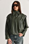 Women's Khaki Lined Stand Collar Shoulder Epaulettes Snap Closure Oversize Faux Leather Jacket 2838 60286593 - 3