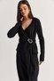 Women's Black V-Neck Waist Buckle Tie Detailed Flowy Mercerized Long Sleeve Blouse Th261086 60286589 - 6