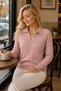 Women's Long Sleeve Polo V-Neck Low-Cut Hair Braided Ribbed Soft Textured Elegant Special Design Powder Knitwear Sweater - 6