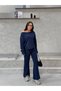 Women's Navy Blue Boat Neck Modal Top and Bottom Set Frv0234 - 4
