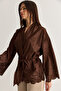 Women's Brown Laser Cut Detailed Belted Suede Jacket 5016 60286600 - 5